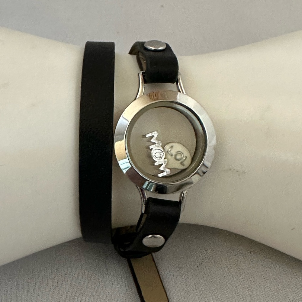 Origami Owl wrap charm bracelet silver tone charm locket black band